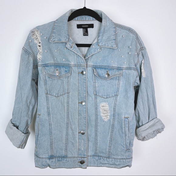 FOREVER 21 Retro Distressed Blue Denim Faux Pearls Jean Jacket S - Picture 2 of 10